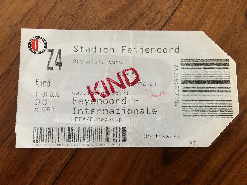 Ticket Uefa-Cup Feyenoord - Internationale 2001/2002, Ophalen of Verzenden, Zo goed als nieuw, Feyenoord, Overige typen