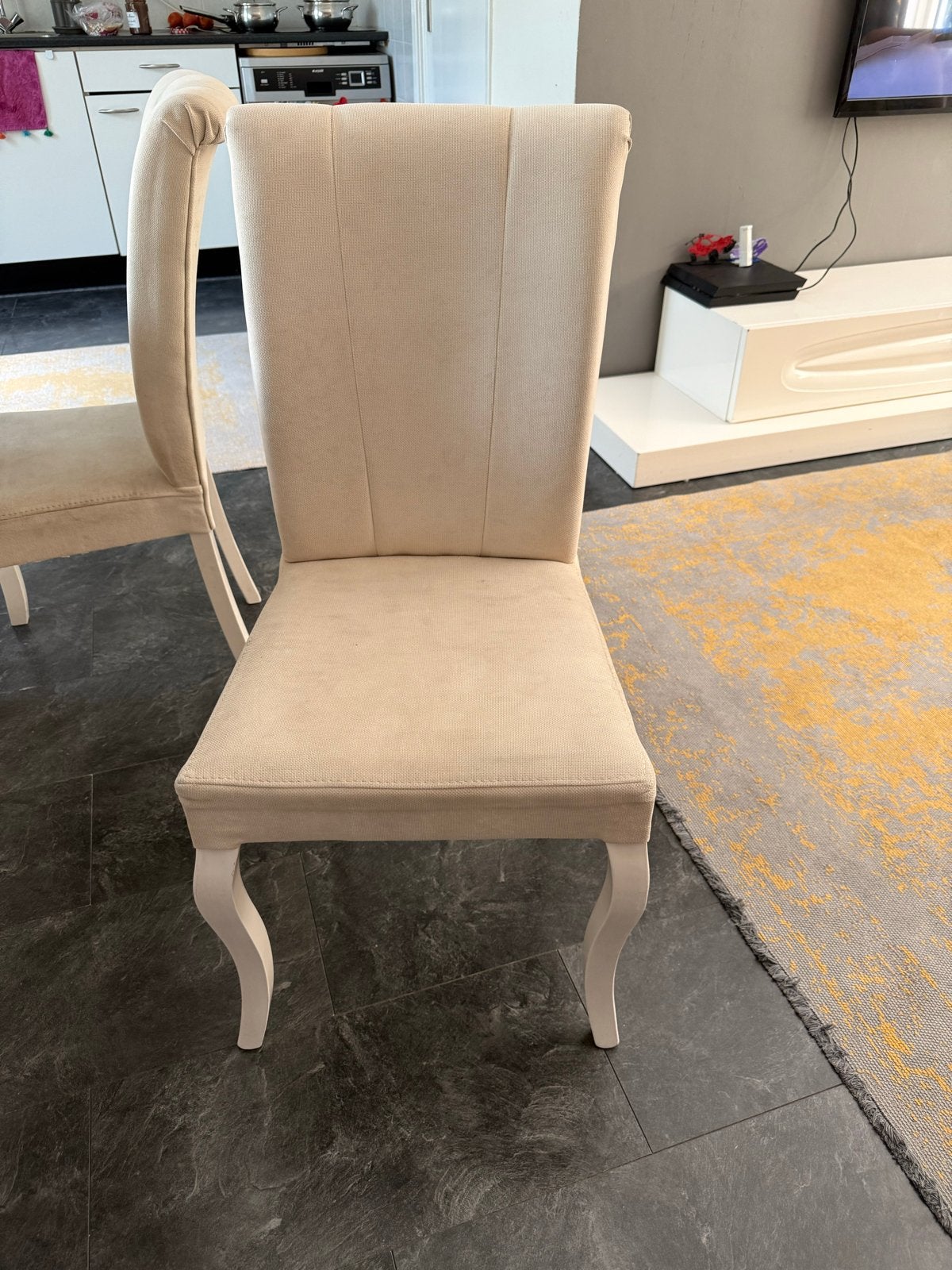 6 beige eetkamerstoelen - comfortabel en stijlvol, Ophalen, Gebruikt, Overige kleuren, Stof