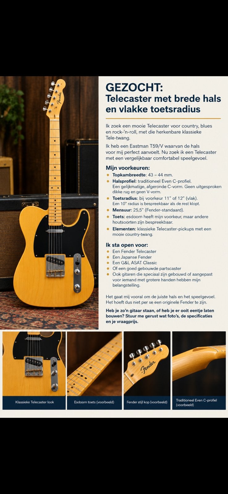 GEZOCHT: Telecaster met comfortabele, brede hals., Muziek en Instrumenten, Ophalen, Zo goed als nieuw, Solid body, Fender
