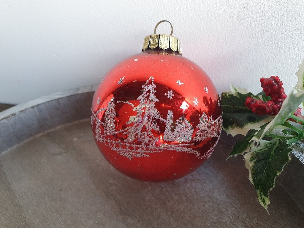 Vintage kerstbal rood dorpje 263, *, Gebruikt, *, Ophalen of Verzenden