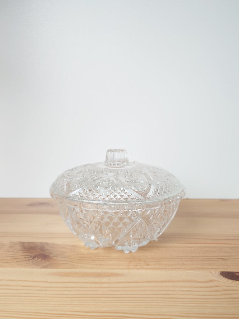 Vintage glazen schaal met deksel, Vintage, Ophalen of Verzenden, Glas, Schaal of Schalen