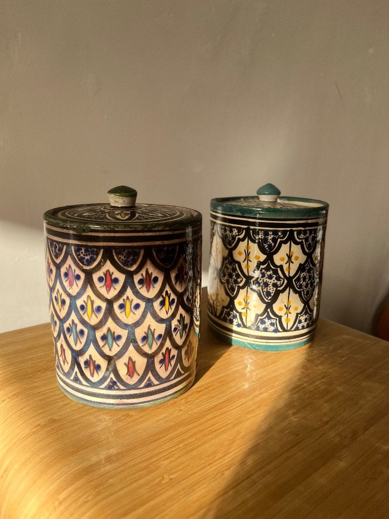 Vintage Marokkaanse keramiek – 2 voorraadpotten met deksel, Ophalen of Verzenden