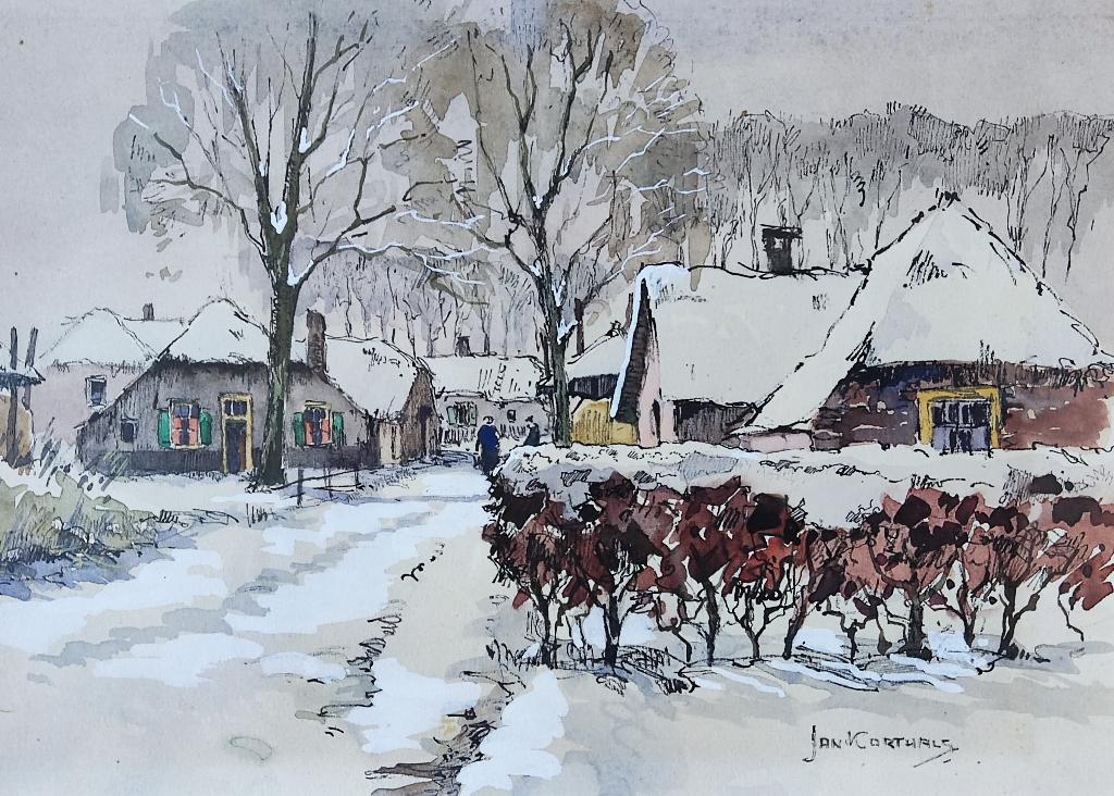 Jan Korthals (1916-1972) - Dorpsgezicht in de sneeuw, Antiek en Kunst, Kunst | Schilderijen | Klassiek, Ophalen of Verzenden