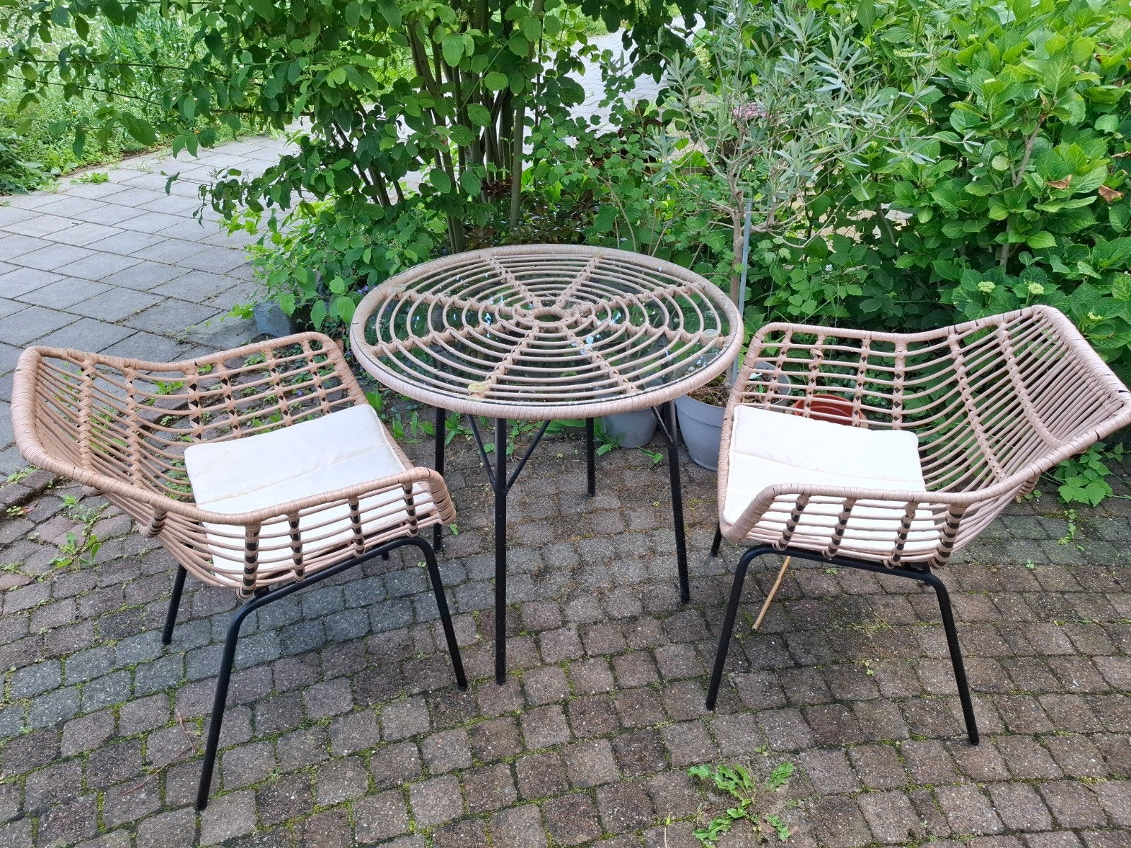 Wicker Tuinset met 2 Stoelen en Glazen Tafel, Gebruikt, Wicker, Tuinset, Eettafel