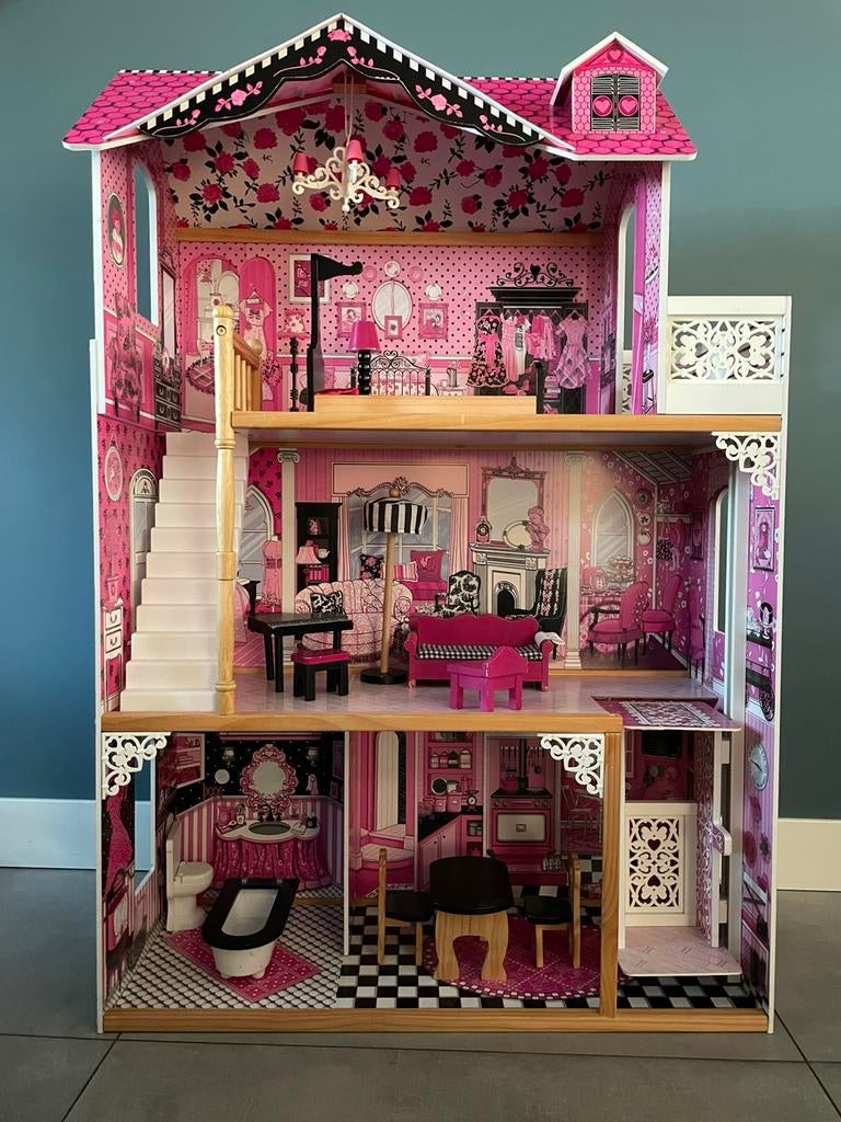 Groot houten poppenhuis Barbie, met meubels, Ophalen, Zo goed als nieuw, Poppenhuis