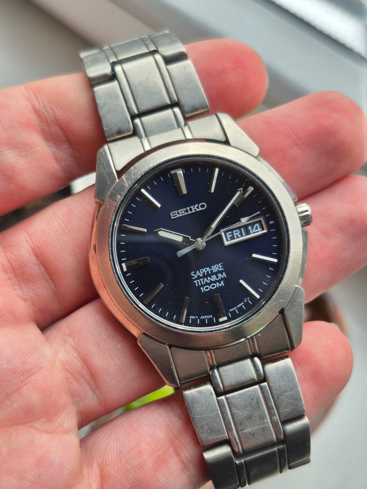 Seiko Titanium Ref. 7N43-0AS0 Day Date Sapphire Crystal, 1-26-1, Ginza, Chuo-ku, Tokyo 104-8110, Japan, Gebruikt, Seiko Watch Corporation