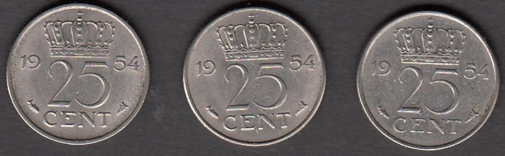 Nederland 25 cent 1954 (3 stuks) Juliana Pr/FDC, Postzegels en Munten, Munten | Nederland, Ophalen of Verzenden, Koningin Juliana