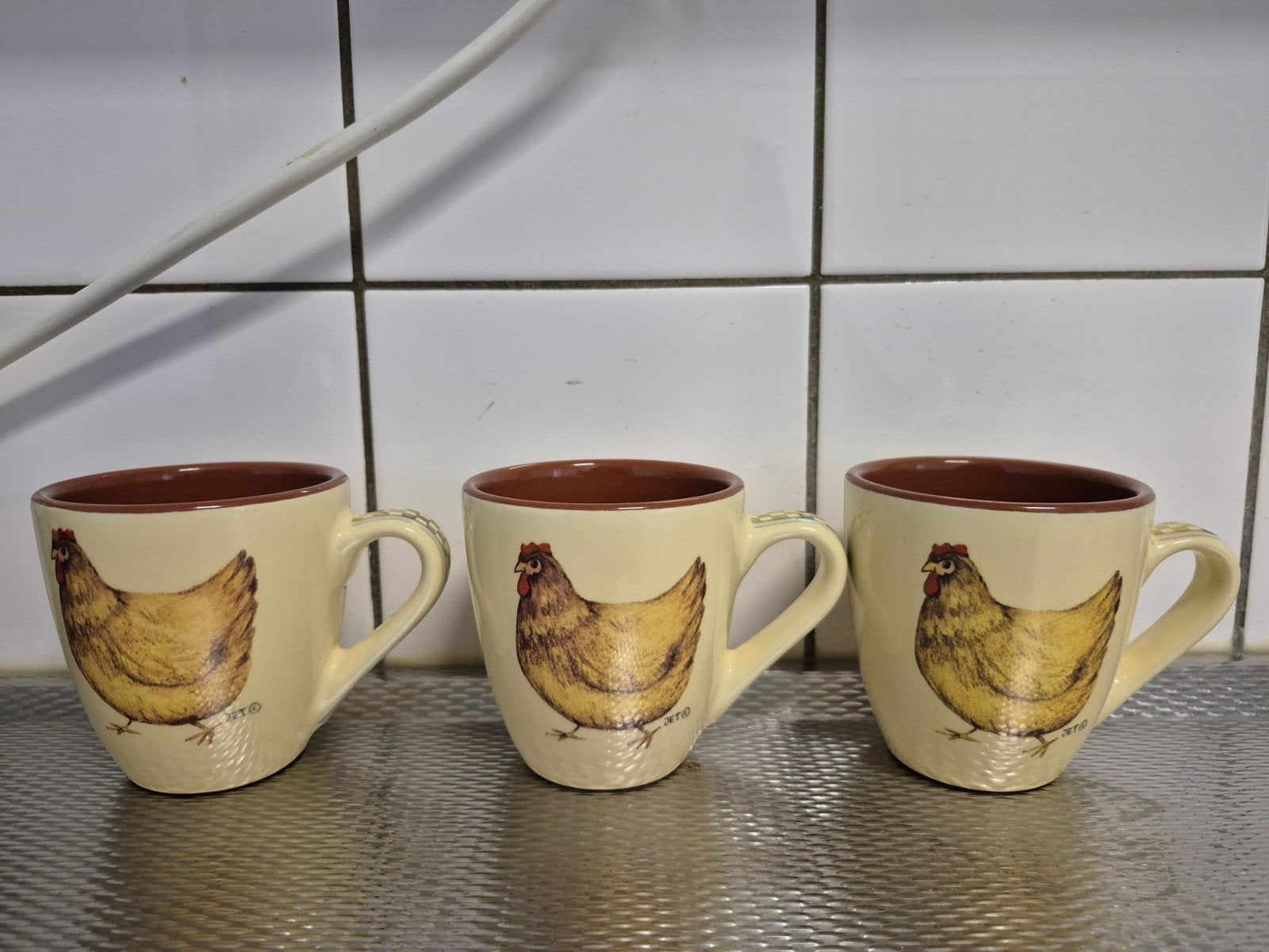 Set van 3 Jet by Ter Steege mokken met kippenprint, Keramiek, Landelijk/Boerenbont, Zo goed als nieuw, Jet by Ter Steege