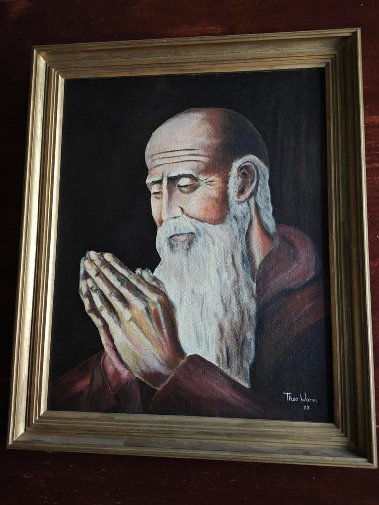 Theo Worm — Olieverf schilderij (1983), biddende monnik, Ophalen of Verzenden