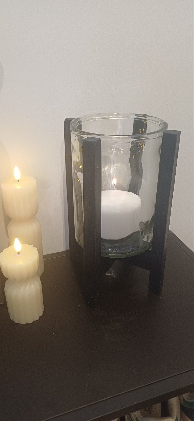Glazen windlicht met houten standaard, Windlicht, Gebruikt, Meerkleurig, Overige merken