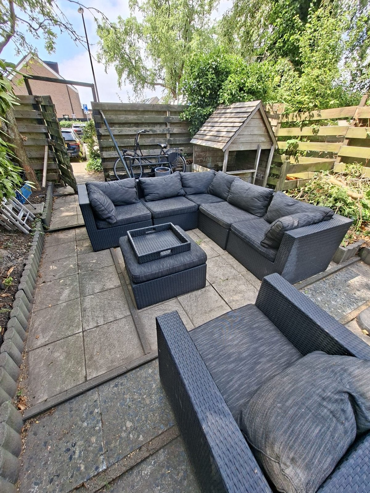 Complete Wicker Loungeset met Hoekbank en Fauteuil, Tuin en Terras, Tuinsets en Loungesets, Gebruikt, Loungeset, Wicker, 6 zitplaatsen