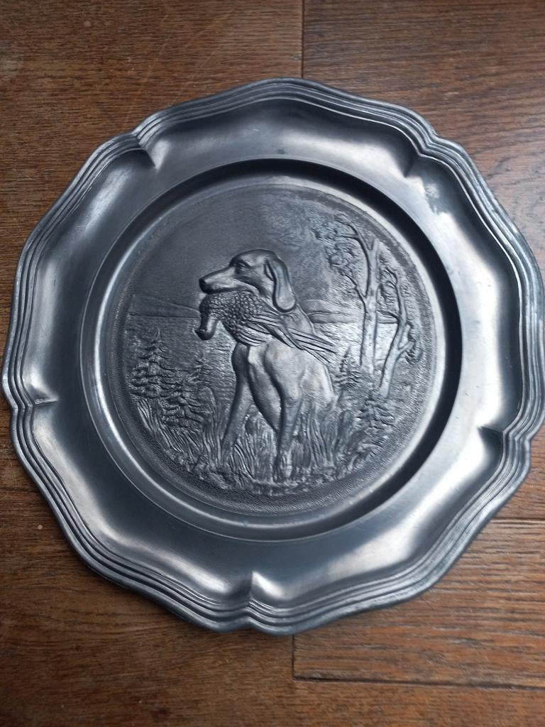 Vintage Tinnen Wandbord met Jachthond en Fazant, Ophalen of Verzenden
