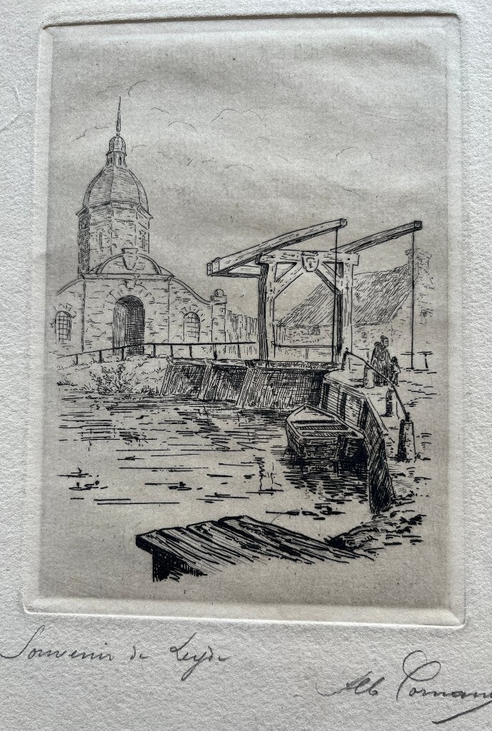 LEIDEN Souvenir de Leyde - Ets met ophaalbrug. gesigneerd, Antiek en Kunst, Stadsgezicht, 34 cm, 1700 - 1799, Verzenden