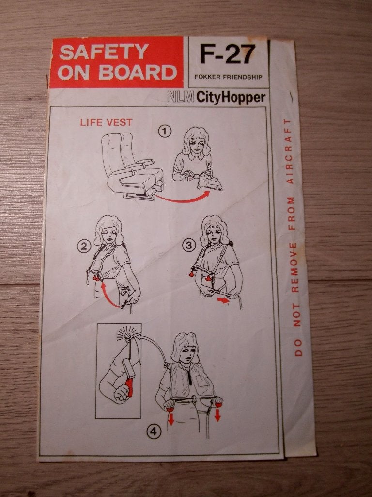 NLM Cityhopper Fokker F-27 Friendhip Safety Card 1981, Verzenden, Gebruikt, Kaart, Foto of Prent