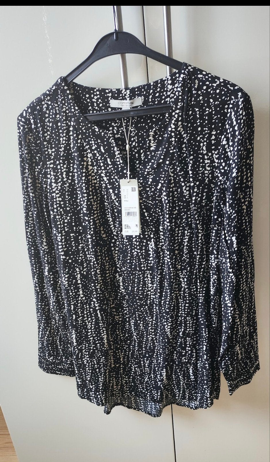 Nieuwe zwarte blouse met witte print, maat 38 merk Comma, Maat 38/40 (M), Zwart, Nieuw, Comma