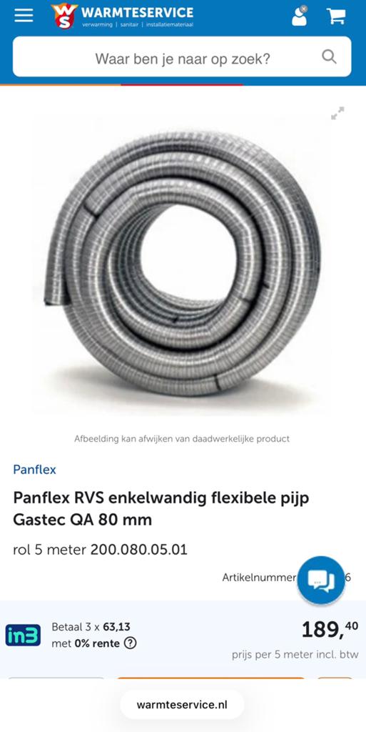 Panflex RVS enkelwandig flexibele pijp Gasttec QA 80 mm, Afvoer, Nieuw, Rvs, 80 mm of meer