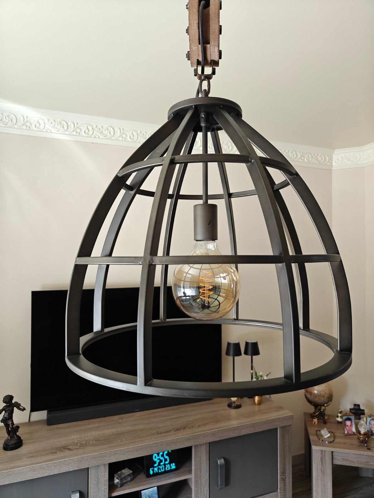 Industriële Hanglamp met Katrol - Zwart Metaal, Ophalen, Zo goed als nieuw, Hout, Industrieel, Vintage