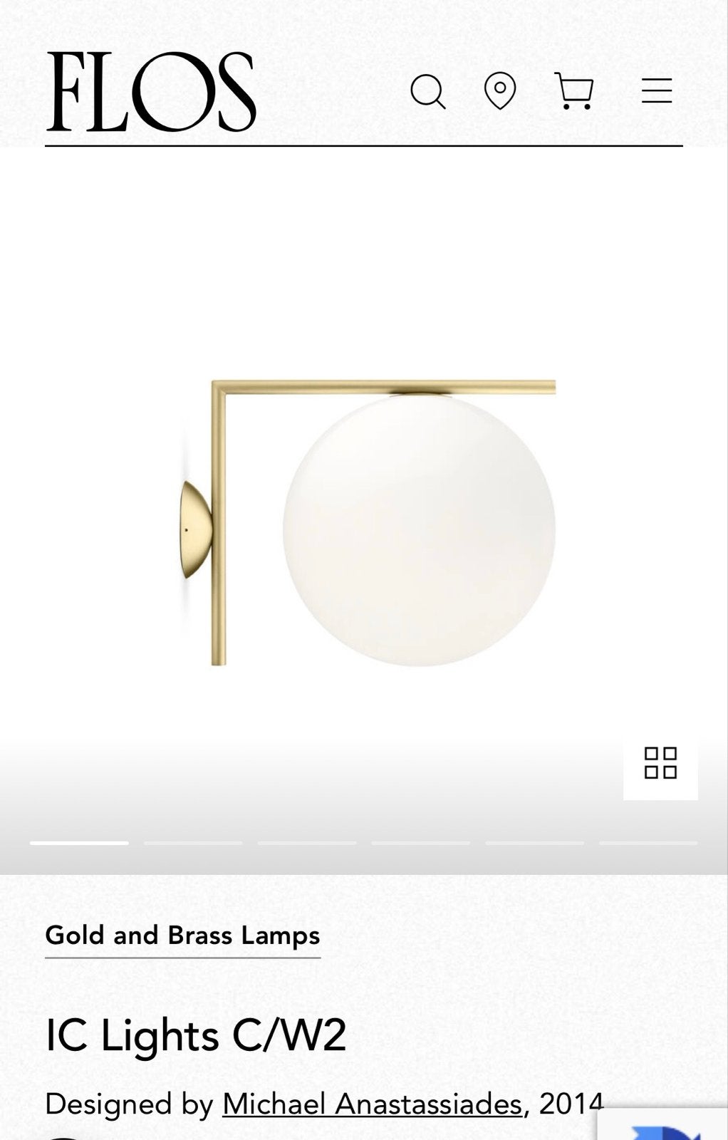 Flos IC Lights C/W2 Wand-/Plafondlamp - Messing/Opaal, Ophalen, Zo goed als nieuw, Glas