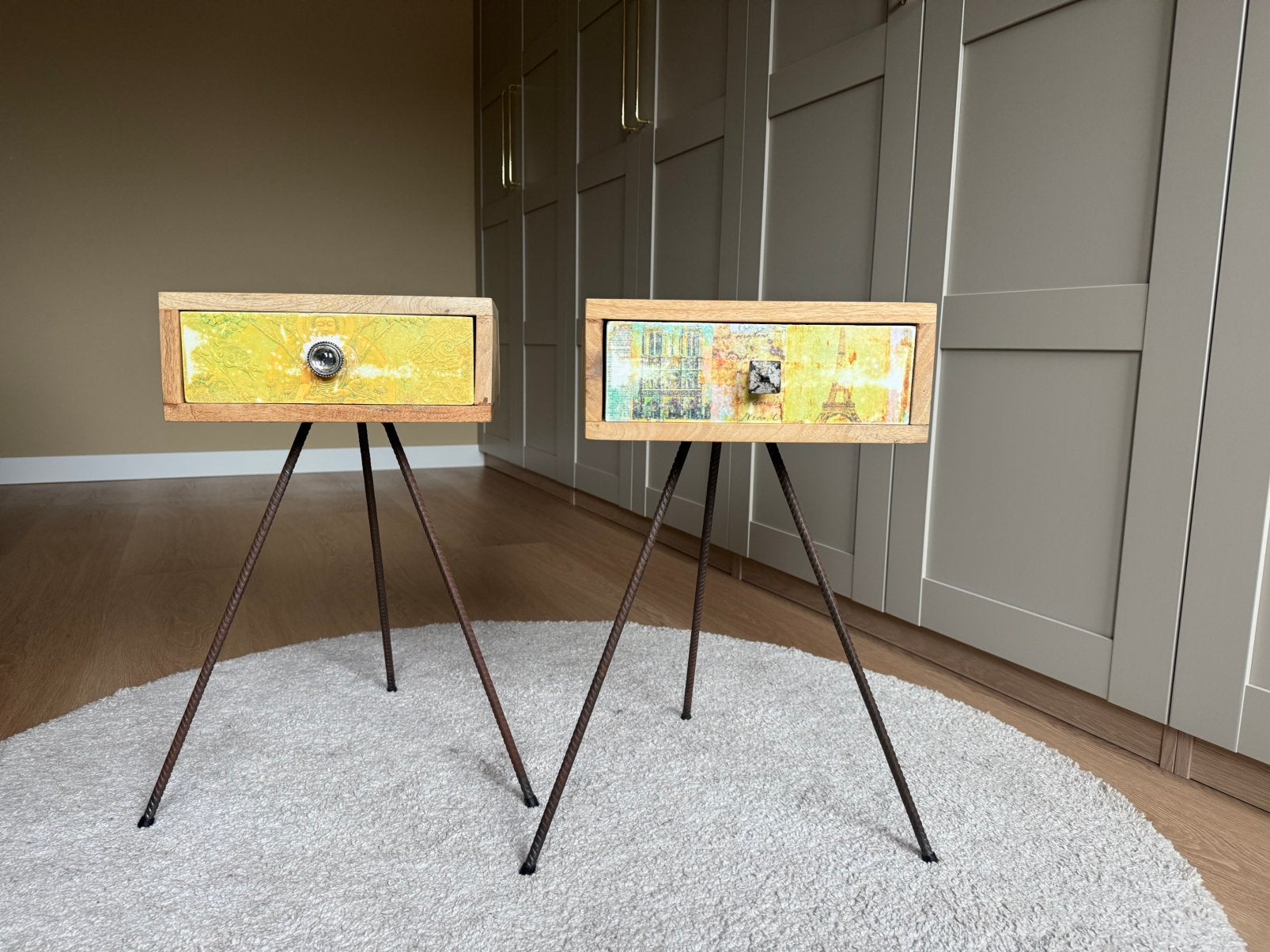 Unieke houten nachtkastjes met lade – boho / industrieel, Ophalen, Minder dan 45 cm, Zo goed als nieuw, Minder dan 55 cm