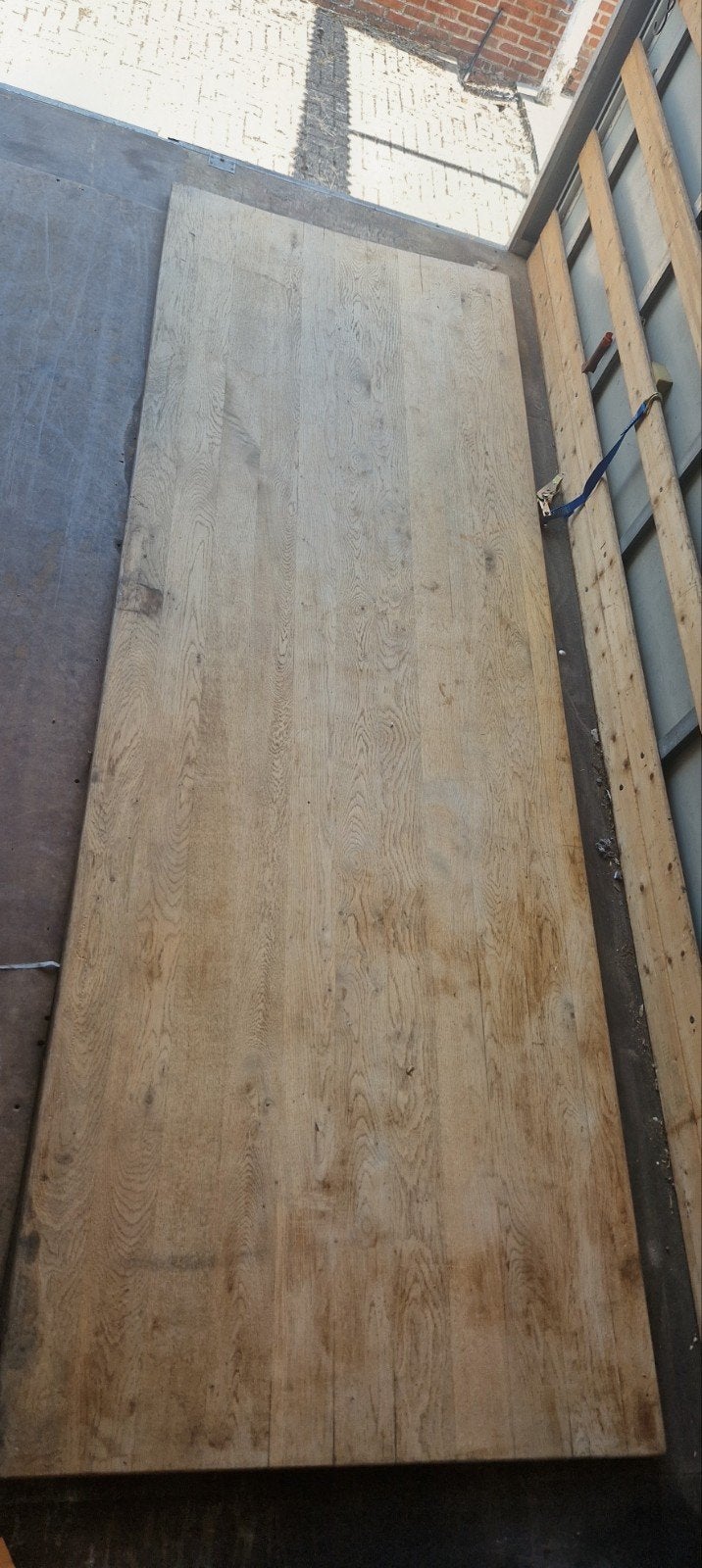 Oud brocant massief eiken tafelblad werkblad 302x102x4 cm, Ophalen