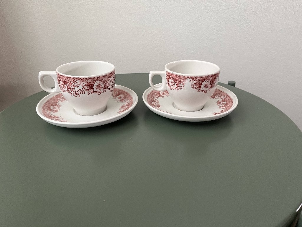 kop en schotel in rood-wit bloemenpatroon (2x), Ophalen
