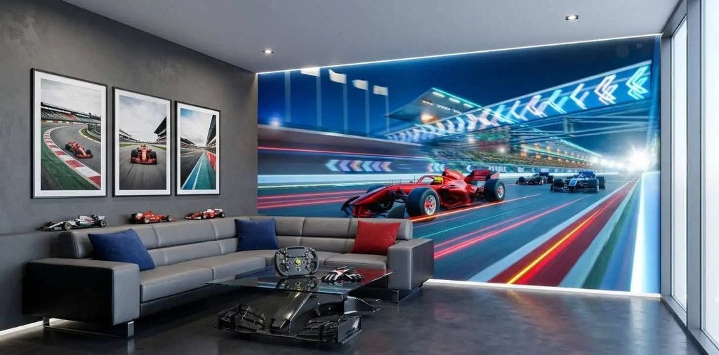 Fotobehang auto – rode racewagen op neonbaan, Blauw, Overige patronen, Overige merken, Modern
