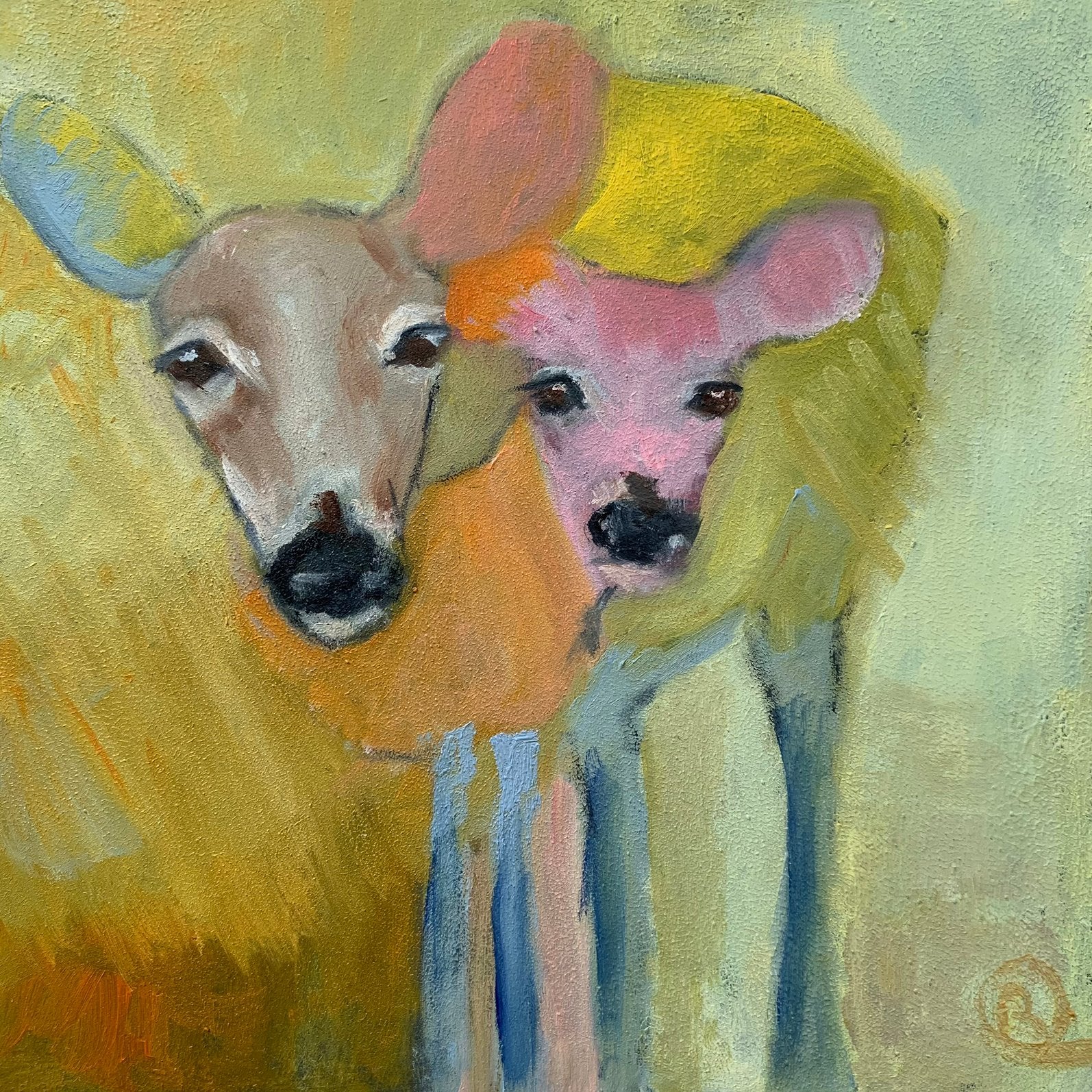 Kleurige hertjes, Antiek en Kunst, Ophalen of Verzenden, Dieren, Olieverf, Overige materialen