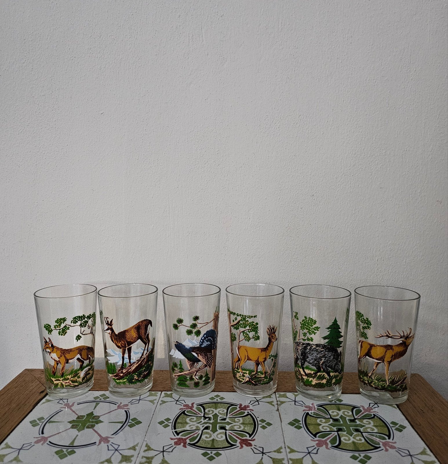 Vintage retro Reims drinkglazen met bosdieren - Set van 6, Verzamelen, Ophalen of Verzenden, Zo goed als nieuw, Overige typen