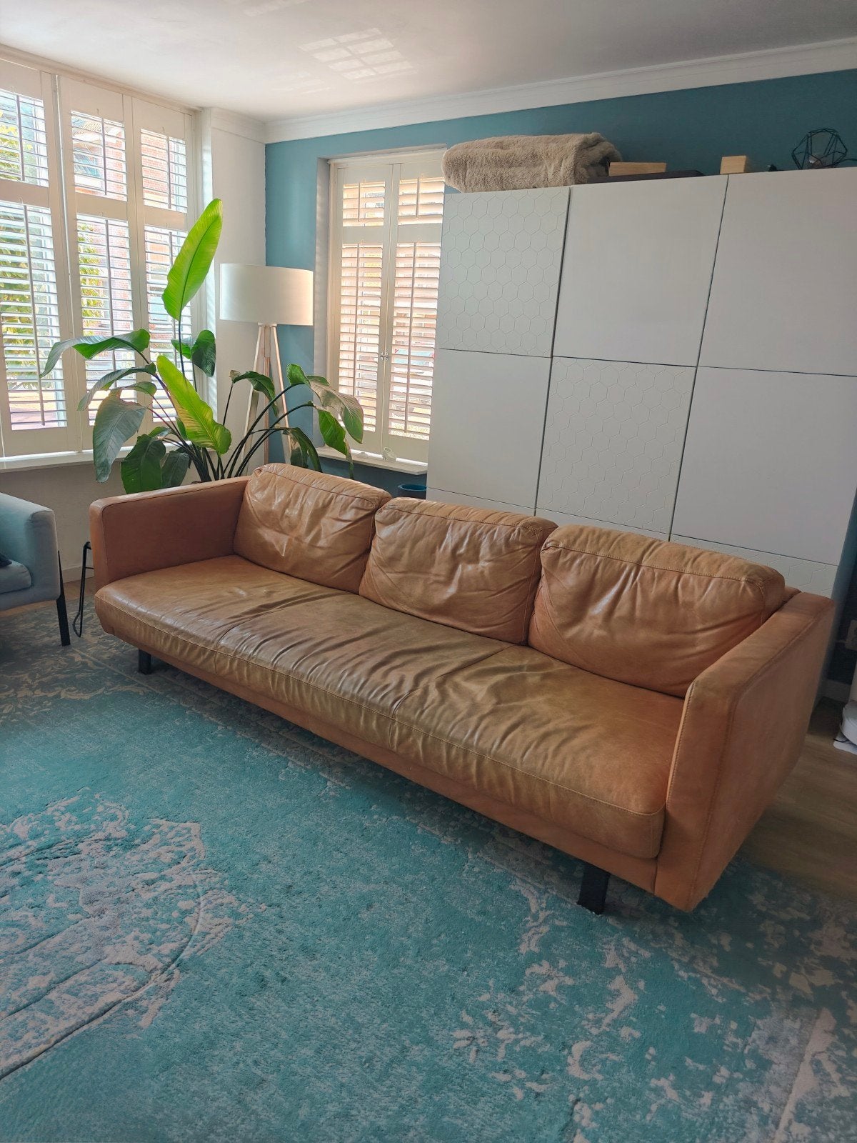 Goossens Cognac Leren Bank, Huis en Inrichting, Ophalen, Gebruikt, Rechte bank, 200 tot 250 cm