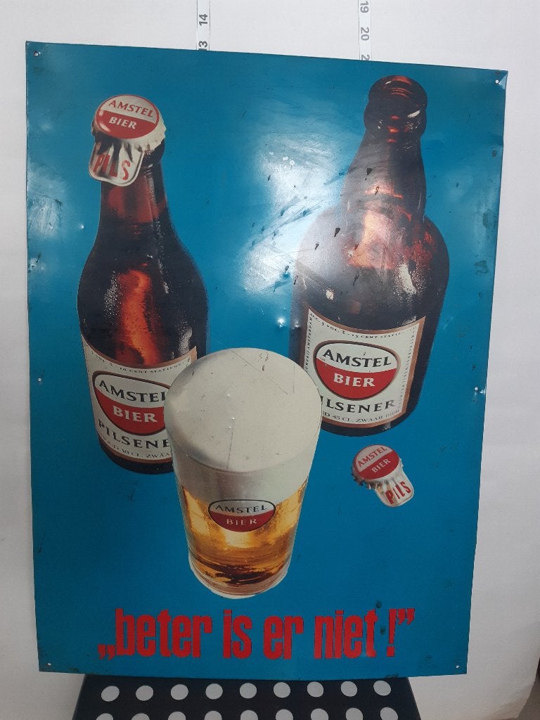 Amstel Bier Blikken Bord Beter is er niet, Verzamelen, Biermerken, Ophalen of Verzenden, Gebruikt, Reclamebord, Plaat of Schild