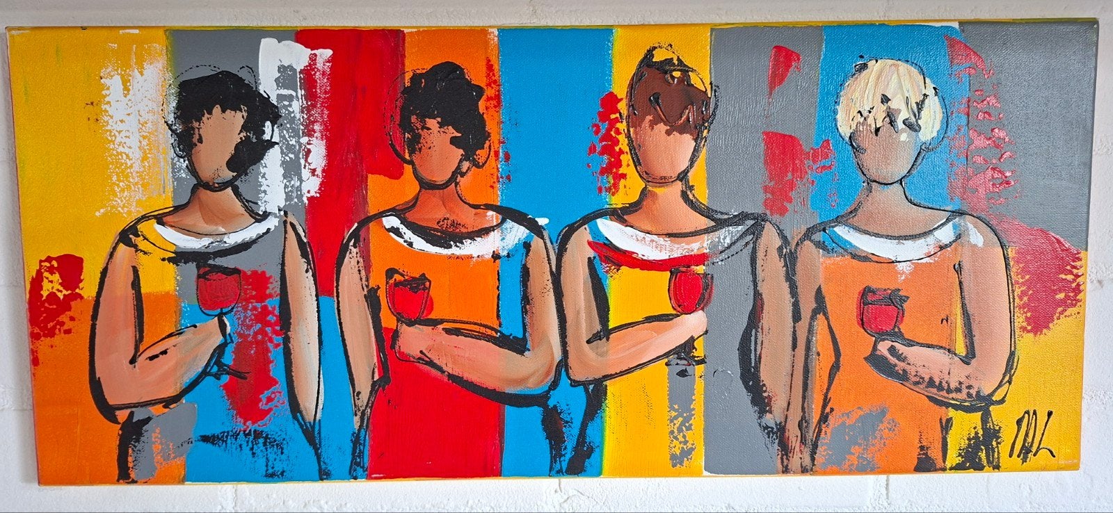 Modern schilderij: Vier Vrouwen met Wijn - Acryl op doek, Ophalen of Verzenden