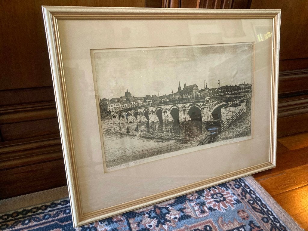 Ets Maastricht Brug over de Maas van Marius Janssen 25x40 cm, Ophalen
