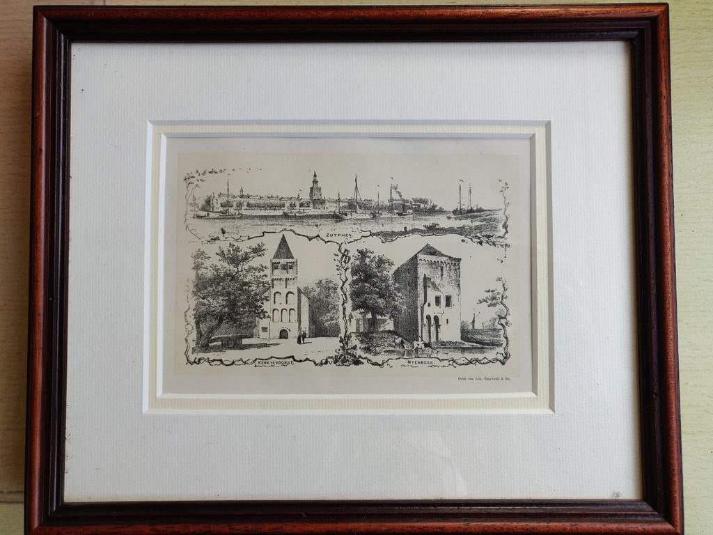 Itho: Gezichten op Zutphen, Voorst en Nijenbeek (ingelijst), Ingelijst, Ophalen of Verzenden, 1900 - 1949, Overige technieken