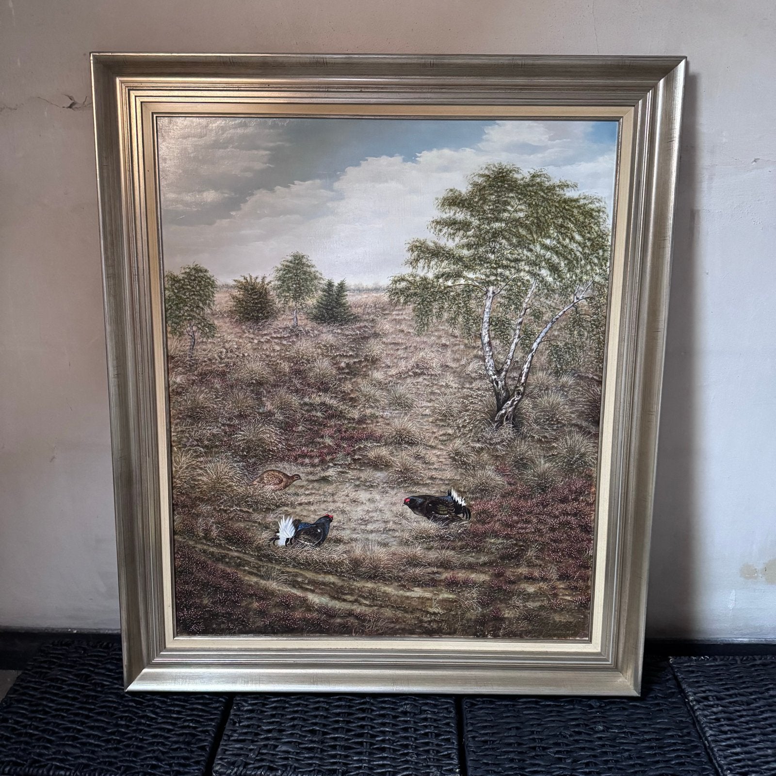 Schilderij uit 1987 - Korhoenders in heidelandschap, Ophalen, Gedateerd, Doek, Realistisch