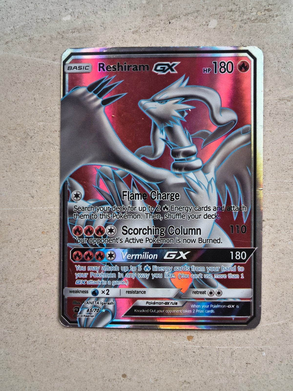 Pokémon Reshiram GX 65/70 Dragon Majesty Full Art, Ophalen of Verzenden, Zo goed als nieuw, Losse kaart, Foil