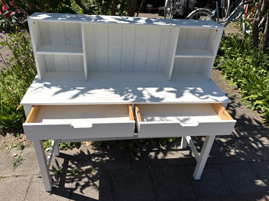 Mooi wit houten bureau met opzetkast en lades (IKEA), Ophalen, Gebruikt, Hout