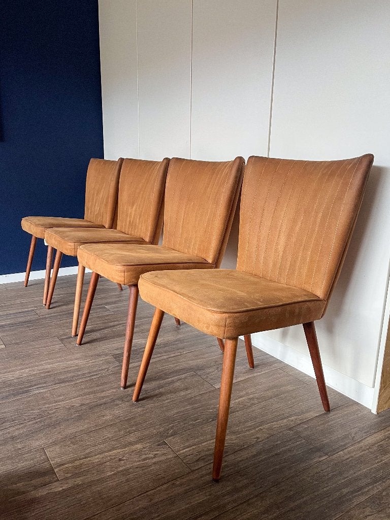 4x Nouvion retro moderne eetkamerstoel - bruin suede leer, Ophalen, Gebruikt, Bruin, Retro, Modern, Vintage