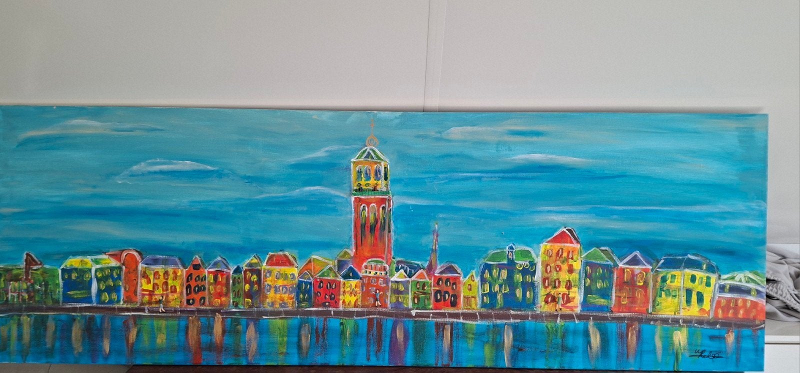 Prachtige skyline van Deventer met poppetjes, Acrylverf, Overige stijlen, Doek, Ophalen of Verzenden
