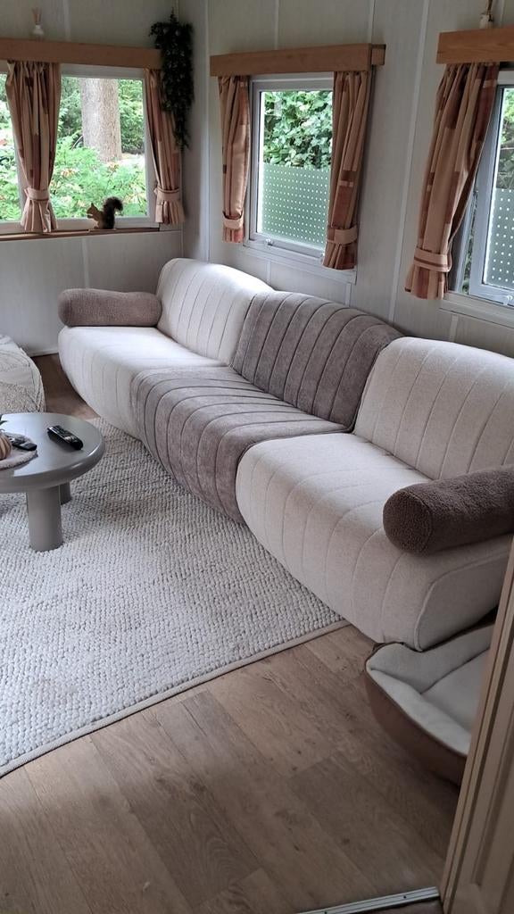 Modulaire bank: 3 elementen (crème & taupe), z.g.a.n., 250 tot 300 cm, Modern, Scandinavisch, Driepersoons, 75 tot 100 cm