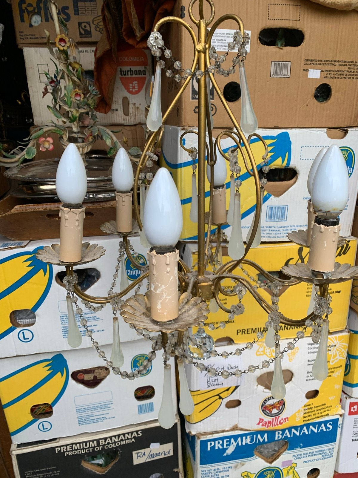 Antieke Franse Kroonluchter met Wit Opaalglas Pegels, Ophalen of Verzenden