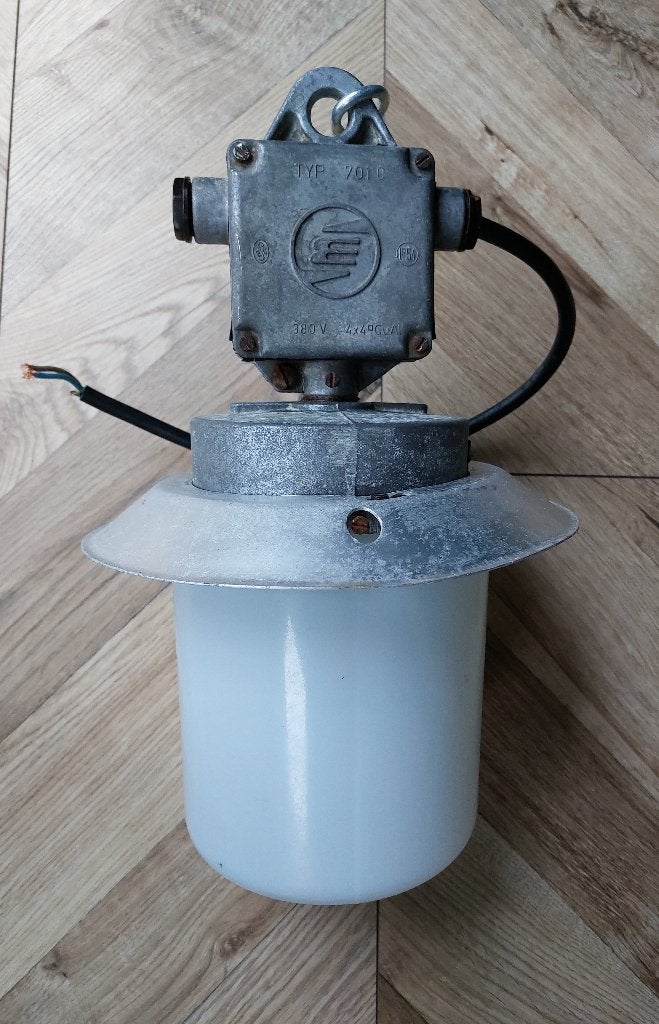 Fabriekslamp/hanglamp, aluminium/melkglas, Ophalen, Gebruikt, Glas, Industrieel