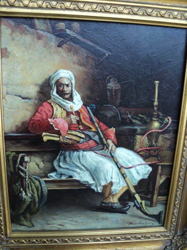 schilderij, Oosterse man, waterpijp, olieverf, no Bali, Antiek en Kunst, Kunst | Schilderijen | Klassiek, Paneel, Portret of Personen