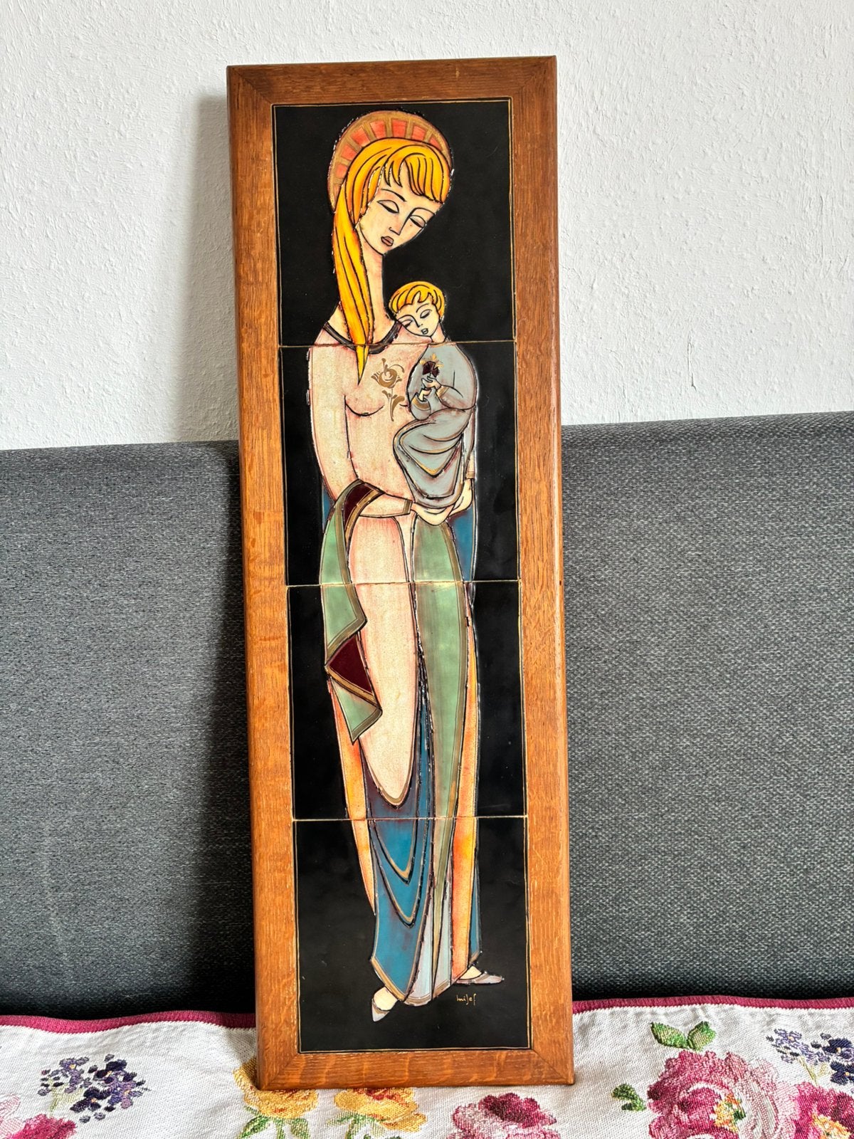 Prachtig wandpaneel – Madonna met Kind – Gesigneerd Mijef, Antiek en Kunst, Ophalen of Verzenden