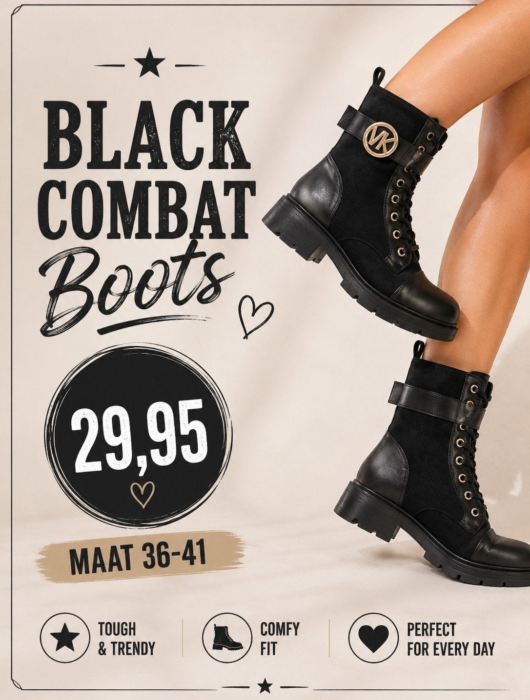 Black Combat Boots, -, Zwart, -, Nieuw