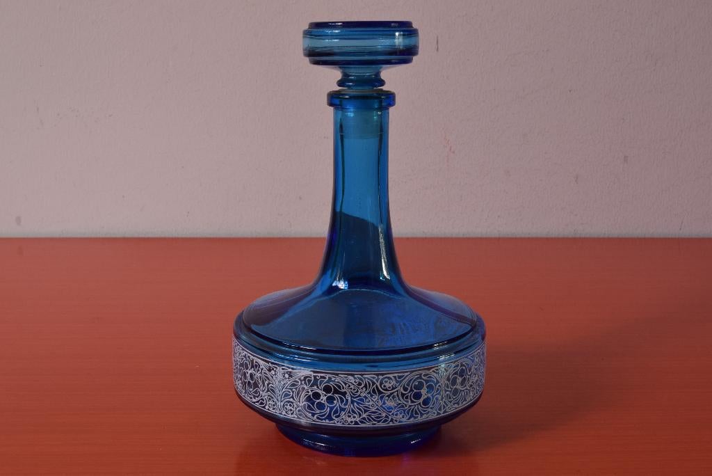Retro vintage blauwe glazen karaf met stop, Ophalen of Verzenden