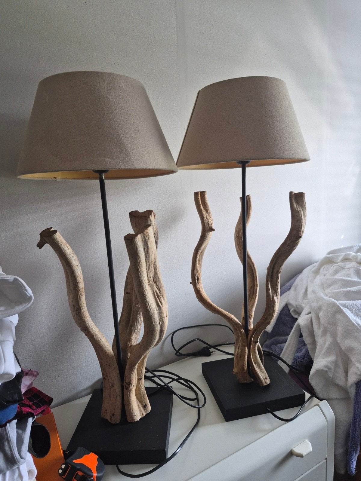 Set van 2 unieke tafellampen met drijfhout design, Huis en Inrichting, Ophalen, Beige, Zo goed als nieuw, Hout