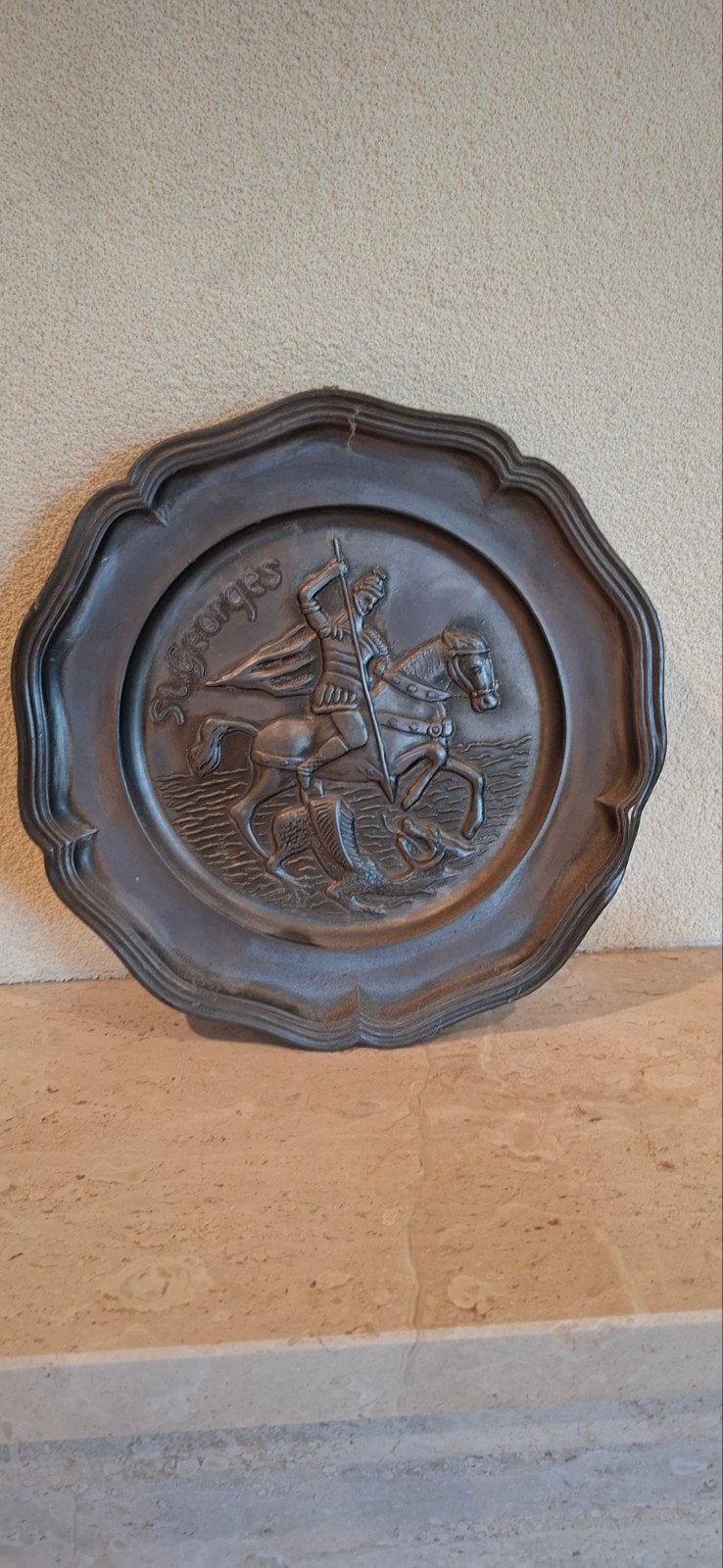 Antieke tinnen wandplaat Sint Joris en de Draak, Ophalen of Verzenden