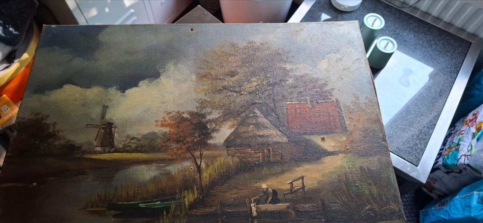 Schilderij landschap beschadigd, Antiek en Kunst, Ophalen of Verzenden