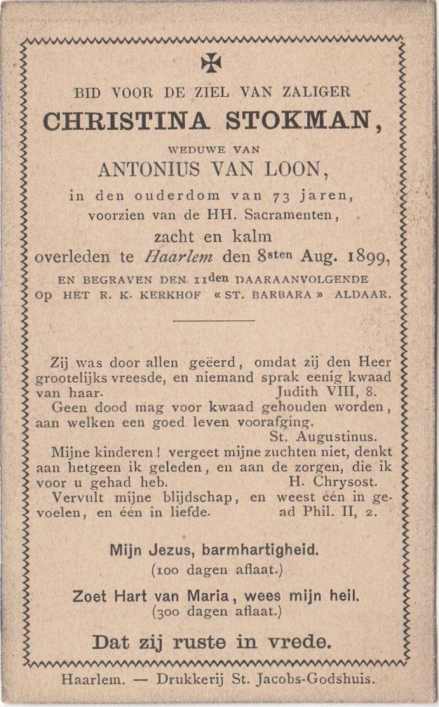 Stijntje (Crhsitina) Stokman 1826 Velsen + 1899 Haarlem, Verzenden
