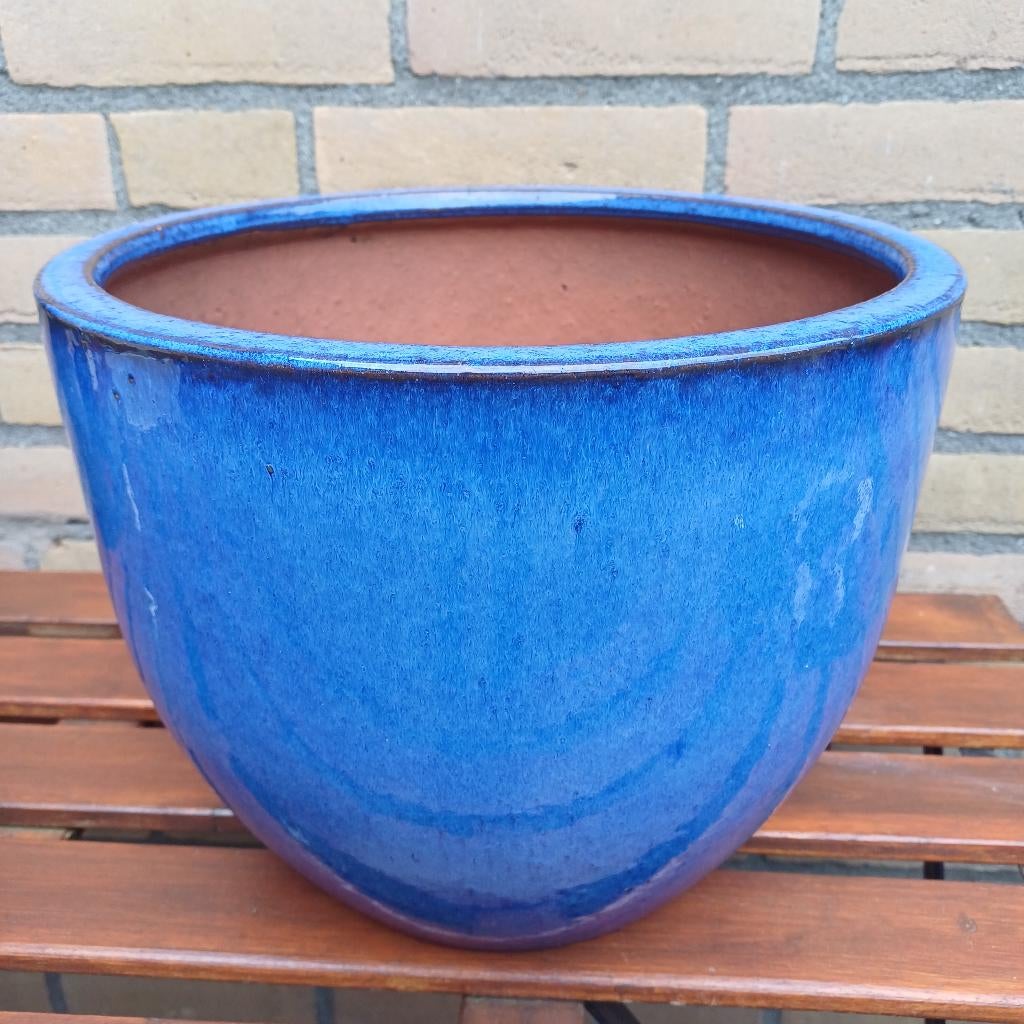 Geglazuurde blauwe bloempot., Tuin en Terras, Bloempotten, Rond, Nieuw, Minder dan 40 cm, Ophalen